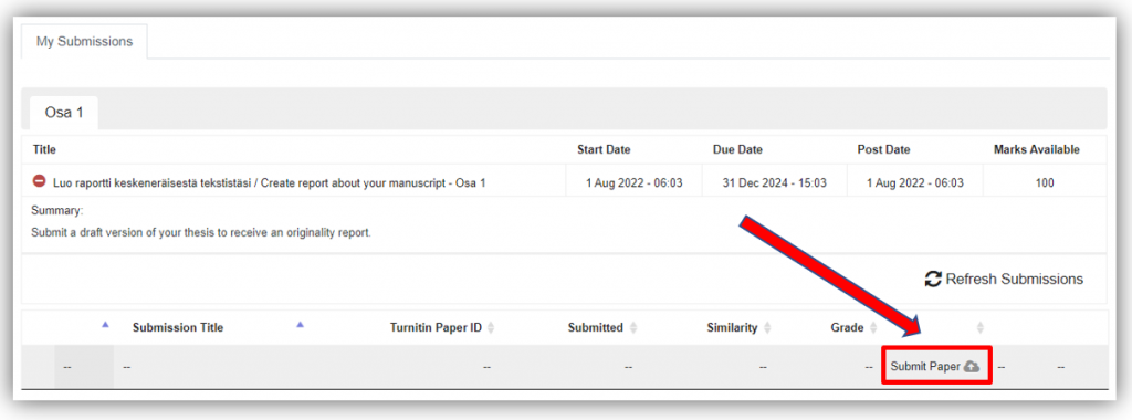 Submit Paper link for submitting file to Turnitin.